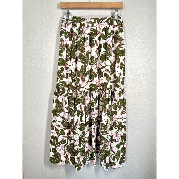 NWT Parker Floral Tiered Midi Skirt Egret White Green Pink Sz 2 Spring Boho New - Picture 3 of 13